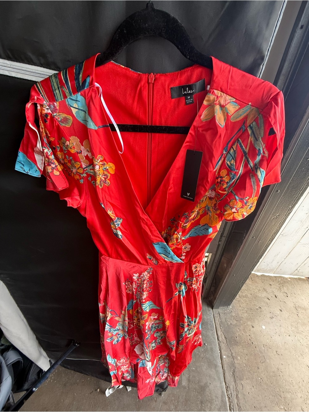 Lulu's Red Floral Asymmetrical Wrap Dress with Blue Accents